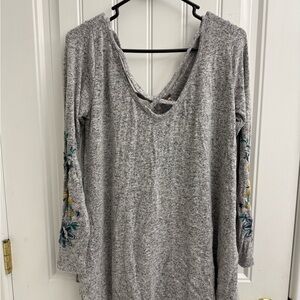 Poof! Heather Gray Tunic with Floral Sleeve Embroidery